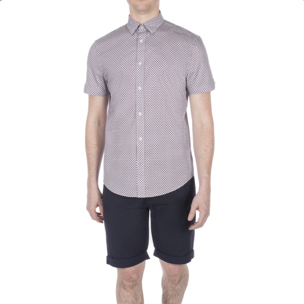 Short Sleeve Gray Apple Print Twill Shirt
